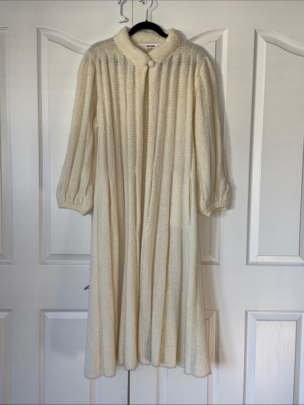 VTG 70s Mary Farrin Mohair Open Knit Duster Cardigan Coat Cream Long Small